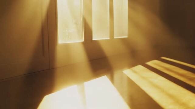 Golden sunlight streaming through a window illuminates an empty room, creating strong shadow patterns and a warm, calm, and peaceful atmosphere on the floor