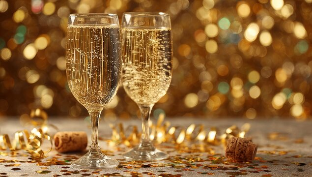 Two champagne glasses with golden glitter and corks