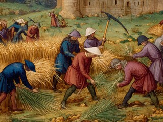 Medieval Harvest: Workers Gather Crops Near Castle in a Historical Setting