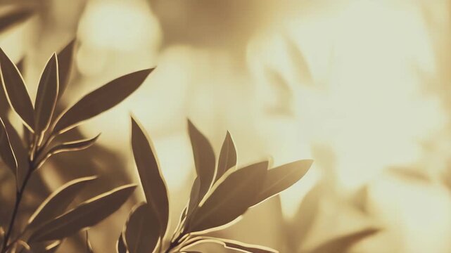 Plant branches showing fresh green leaves glowing under warm golden sunlight, creating a soft and diffuse natural background with a tranquil and organic aesthetic