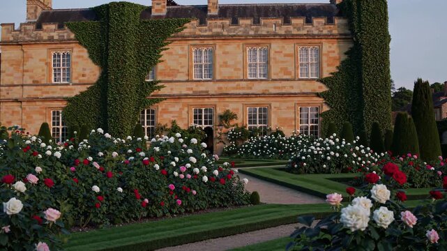 Old Estate Scene, Vintage Mansion With Garden Features, Ancient Manor With Floral Gardens At Twilight, Historic Housefront Surrounded By Flowering Beds And Lush Grass