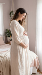 Fototapeta premium Pregnant woman cradles belly near window. Soft pregnancy portrait for babyshower invite, mothersday greeting, pregnancy journey in cozy bedroom, natural light, copy space, tender motherhood theme