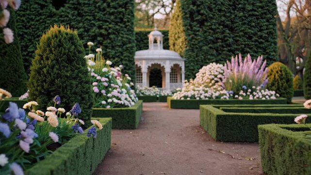 Romantic Garden With Flowers, Scenic Garden Pathway Surrounded By Blooming Plants And Hedges, Photographer Capturing Picturesque Scene Of Wedding In Lush Garden Setting