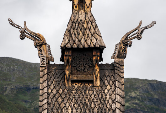 Architectural detail of the famous stave church of Borgund
