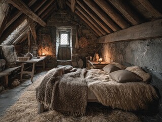 Rustic Cabin Interior: Cozy Bedroom in Stone Cottage with Wooden Beams