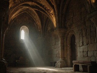 Sunlight Streams Into Ancient Stone Room, Gothic Vaults, Dark and Mysterious