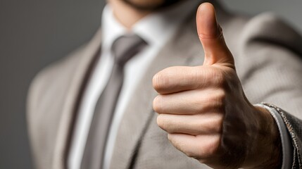 A man in a suit is giving a thumbs up gesture