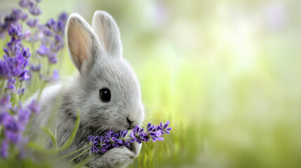 Fototapeta premium White rabbit eating purple flowers in a meadow