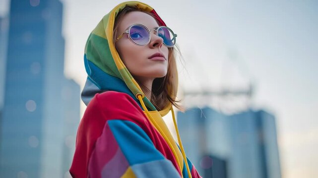 Teen in colorful hoodie stands in the city and looks up, showing modern street fashion and confident youth lifestyle