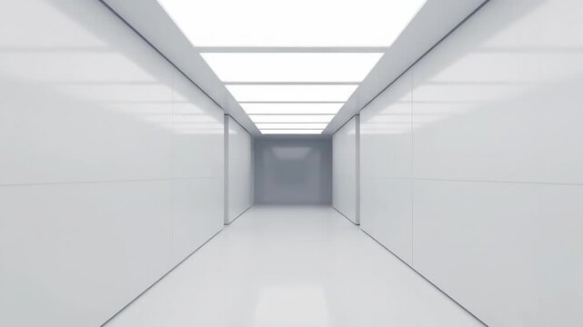 A sterile, modern white corridor stretches into the distance. Bright overhead lights illuminate the clean, minimalist space.