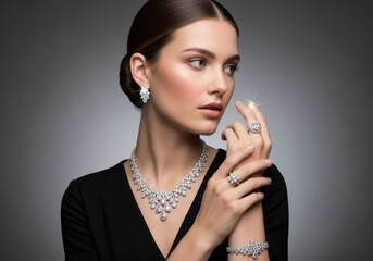 Obraz premium Elegant woman wearing diamond jewelry against gray background