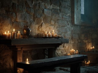 Eerie Ambiance: Candles Flicker in Ancient Stone Chamber, Soft Glow Mystical