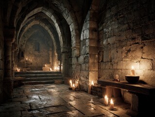 Medieval Stone Chamber Lit by Candles in Old Castle Interior Dungeon Vault