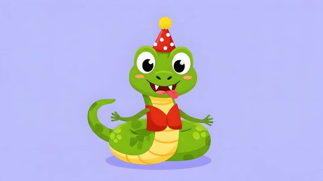 Cartoon green snake with a party hat and bowtie joyfully jumps, winks, and sticks out its tongue, perfect for children's birthday animations, cheerful celebration videos,