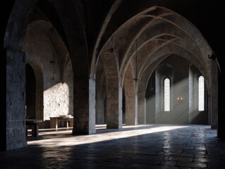 Sunlit Stone Arches: Grand Medieval Hall Interior Architecture Design