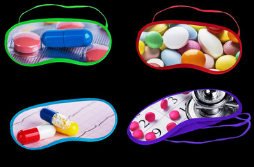 Sleep masks, sleeping pills and sedative tablets on a black background.