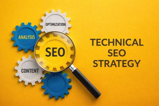Technical SEO Strategy Concept with Gears and Magnifying Glass