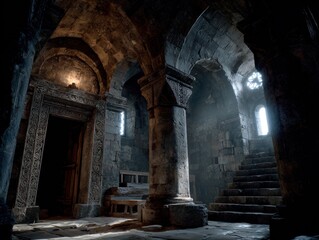 Ancient Stone Hall with Arches and Stairs: Mysterious and Dramatic Light