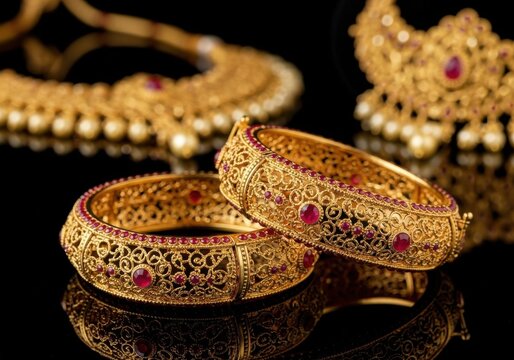 Intricately designed gold bangles with rubies on a reflective black surface with jewelry