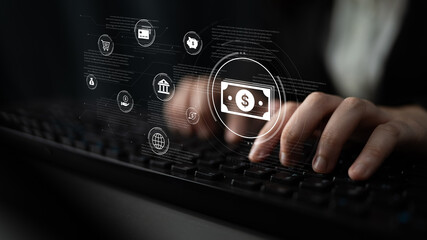 A fintech concept showing a network of digital banking services. This includes secure online...