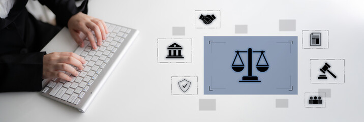 Legal compliance and governance concept showing justice scale, courthouse, contract, policy,...