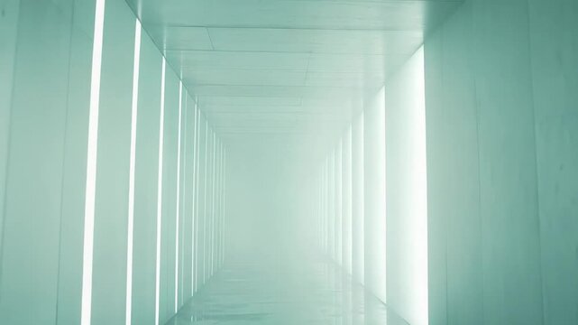 Long abstract futuristic tunnel with glowing vertical lights, reflective floor and hazy vanishing point suggesting technology, progress and a sleek digital path forward
