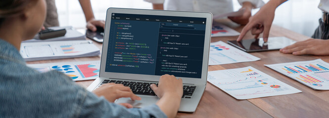 Software development programming on computer screen for brisk application and program coding