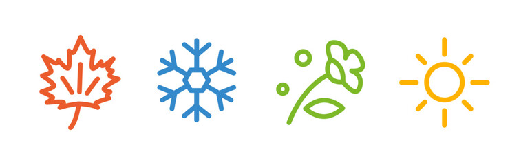 set icon seasons year, summer, winter, spring, autumn, icons snowflake, leaf, sun, flower, line vectors on white