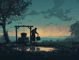 Solitary Figure Gathers Water at Dusk from an Old Stone Wishing Well