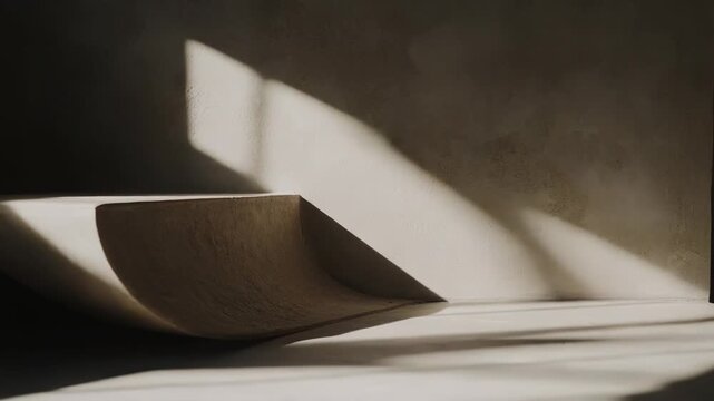 Abstract architectural detail of a curved concrete half pipe structure catching strong sunlight, forming geometric shadow patterns on the textured wall and floor surface
