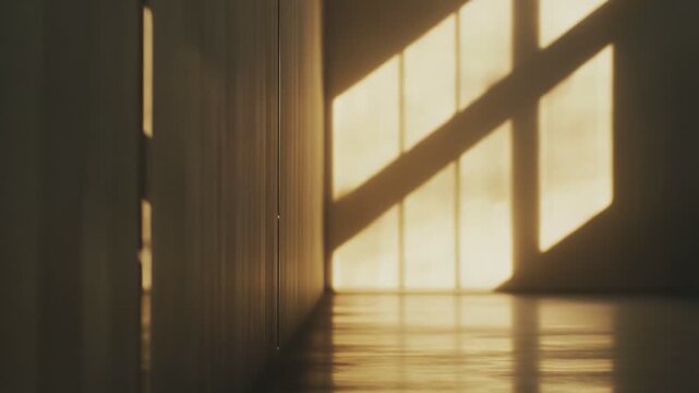Sunlight casting strong geometric shadow patterns from a window frame onto a wooden floor and blank wall in a warm, empty room, creating a serene, minimalist atmosphere