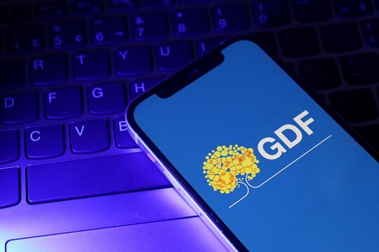 Salvador, Brazil - January 26, 2026: GDF logo (Governo do Distrito Federal) displayed on a smartphone screen. Bras&iacute;lia local government, Brazil. 