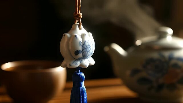 Ceramic lotus charm with blue tassel sways near a steaming teapot and tea cup, perfect for traditional tea ceremonies, Asian culture, mindfulness, and tranquil relaxation videos.