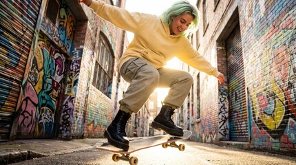 Obraz premium Stylish young woman with green hair skateboarding in a graffiti alley. The sunny urban scene captures energy and youth culture, perfect for lifestyle and fashion themes.