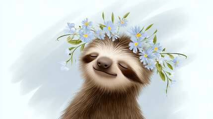 Fototapeta premium Sloth with flowers, peaceful smile