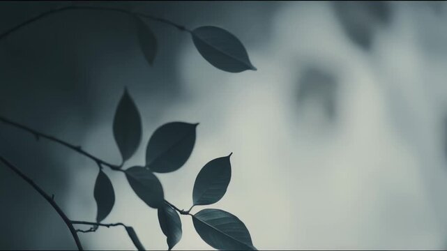 Branch of a plant showcasing its green leaves in a calming, defocussed natural setting, providing ample space for text or graphic elements and conveying a sense of tranquility