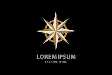 Compass star with golden rays and pointed edges for navigation and travel agency brand identity direction symbol for explorer Vector logo template