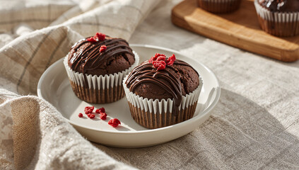 白い皿に盛ったチョコレートマフィン三個の近接写真