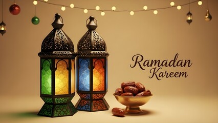 Obraz premium Ramadan kareem decorations with lanterns and dates for fasting and iftar celebrations