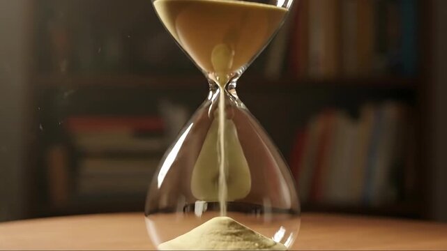Elegant hourglass on wooden table captures time passing in sunlit library ambience