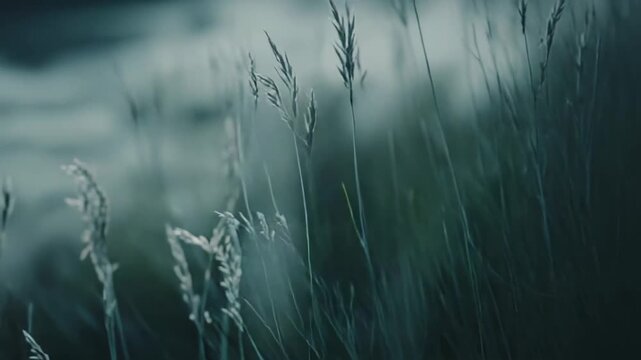 Delicate wild grass blades bathed in soft natural light, forming a tranquil, green meadow background with gentle bokeh, shallow depth of field and serene, organic texture