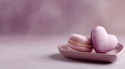 Two heart-shaped macarons on a pink plate