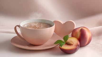 Steam rising from a cup of coffee with sliced peach on a saucer