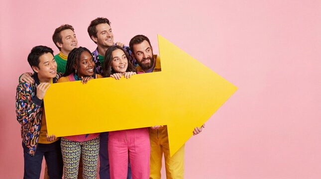 Diverse group of smiling young people holding large yellow arrow pointing right on pink background. Cheerful team looking aside, ideal for advertising, promotions and directing attention.