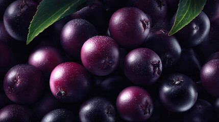 Glistening Dark Berries with Leaf on Black Background