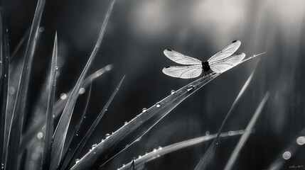 Dragonfly perched on water-droplet covered grass