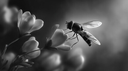 Fly on White Flower, Close-Up, Monochrome
