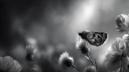 Butterfly Resting on Thistle Flowers, Soft Focus, Monochrome