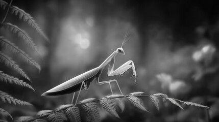 Praying Mantis on Fern in Monochrome Forest
