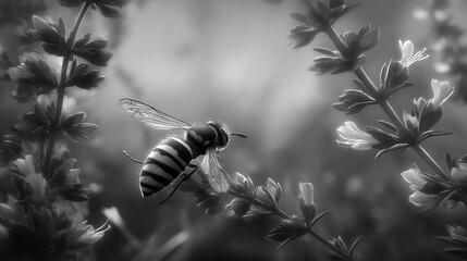 Bee on flowers in black and white close-up